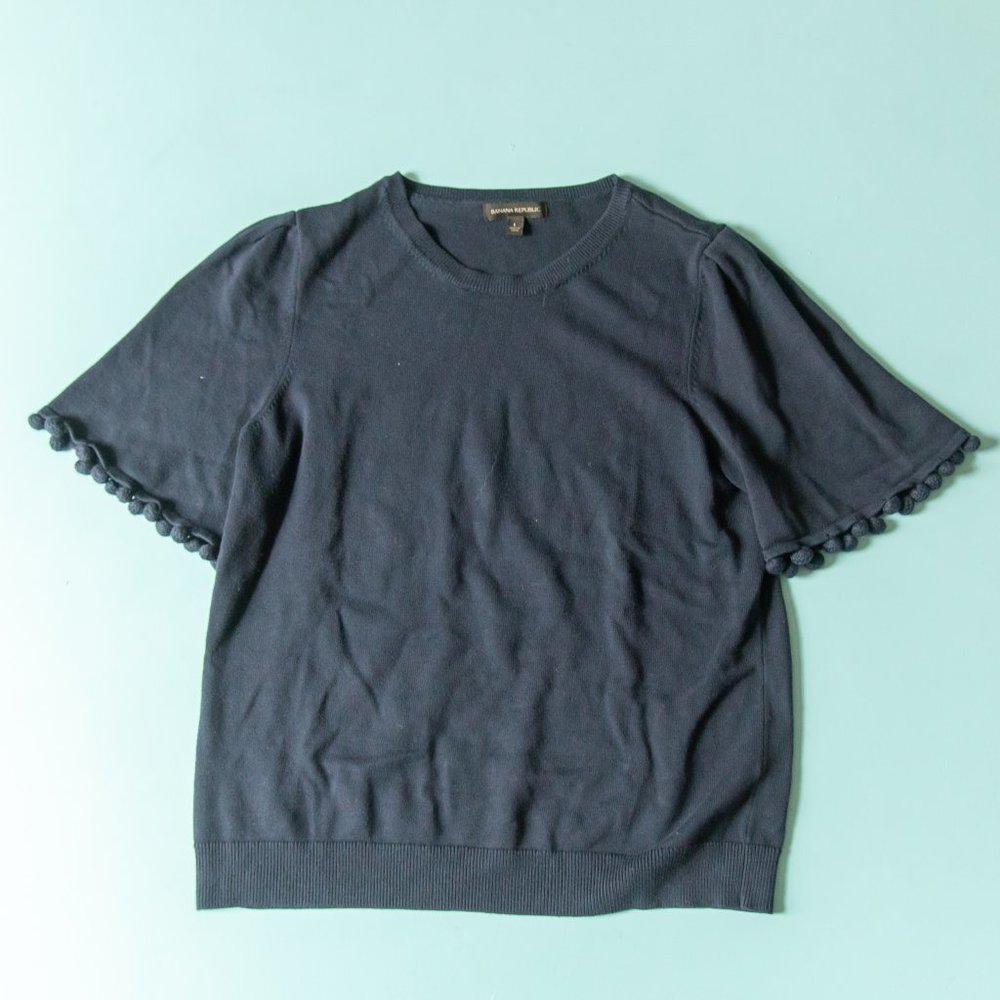 Banana Republic Navy Blue Flare Short Sleeve Bauble Pom Pom Fringe Knit Top L